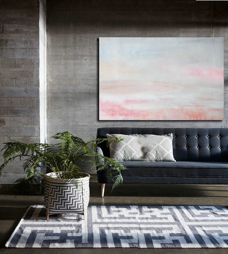 Handmade Painting Large Abstract Art,Oversized Horizontal Abstract Art,Original Art Acrylic Painting,Grey,Pink,White.etc